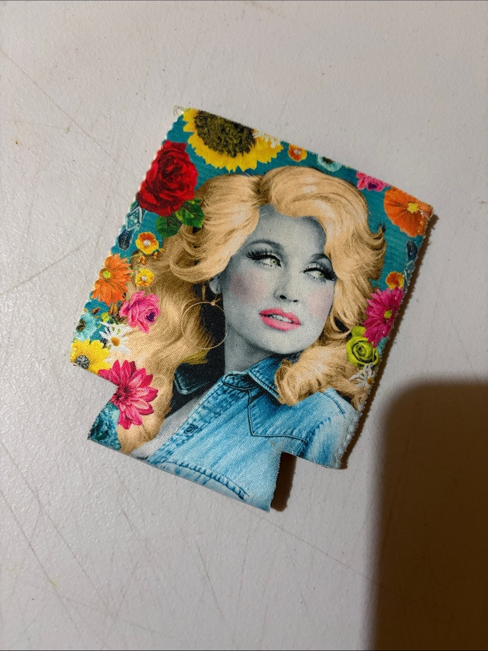 Floral Denim Collage Can Cooler - Dolly Parton Cousy - Picture 2 of 4